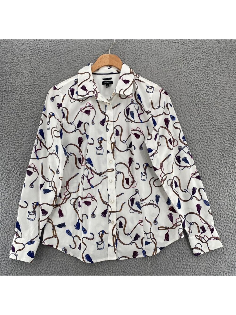 Talbots Shirt Womens 2 White Equestrian Tassels Print Non Iron Cotton Stretch